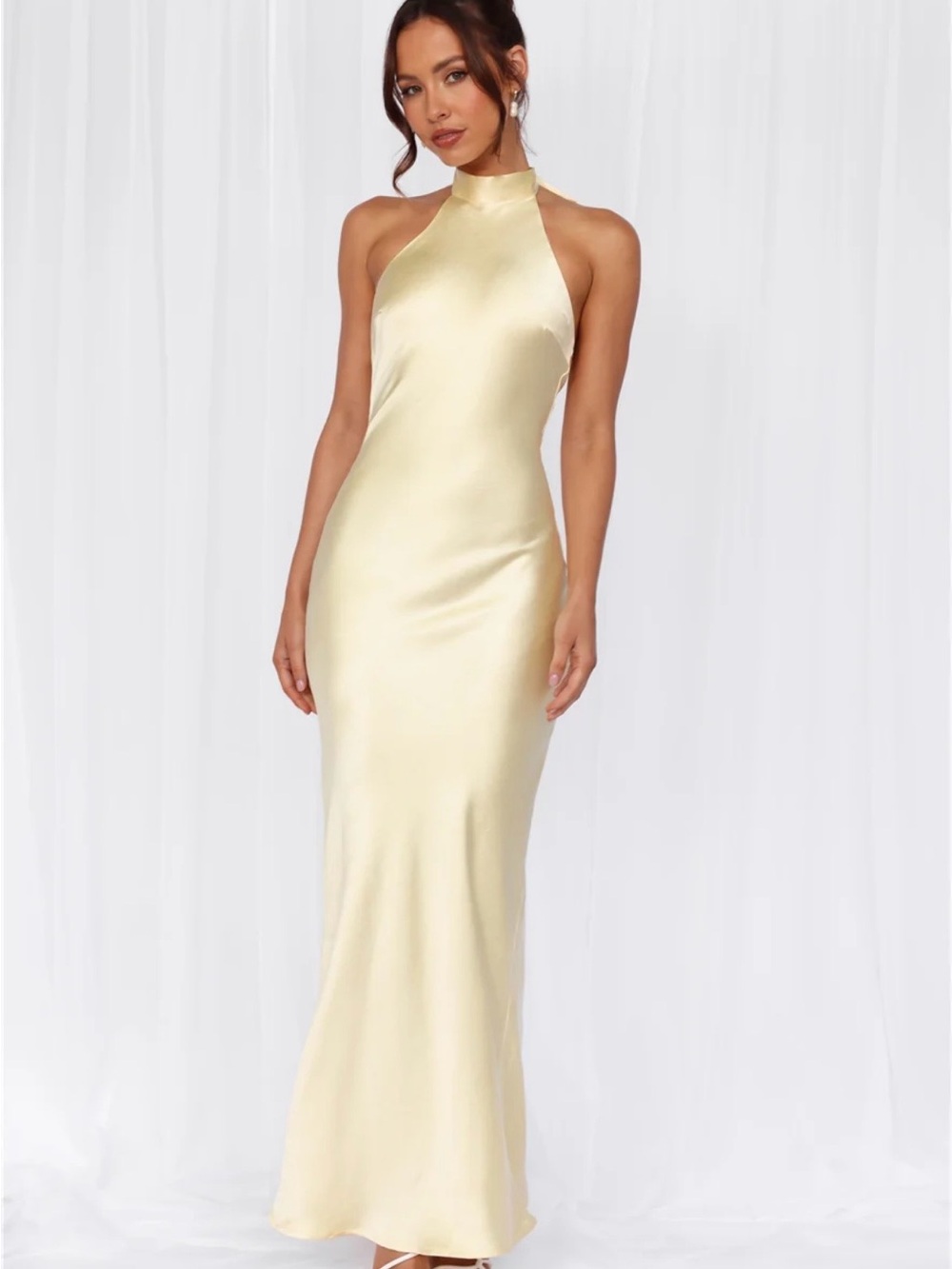 Hello Molly Pale Yellow High Neck Satin Gown